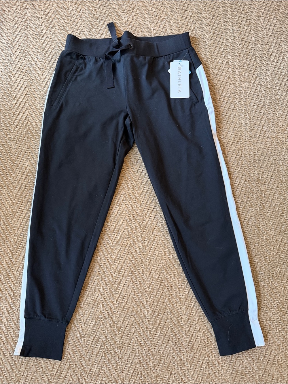 NWT Athleta Black Metro Track Pants with White Side Stripes Sz M